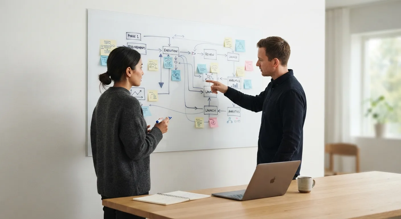 Two colleagues mapping a workflow on a whiteboard