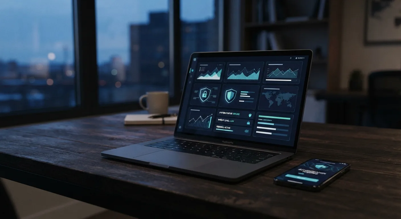 Laptop and phone showing a security dashboard