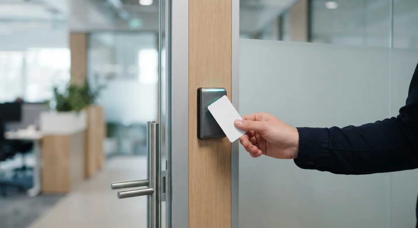 Employee tapping a keycard on an office access reader