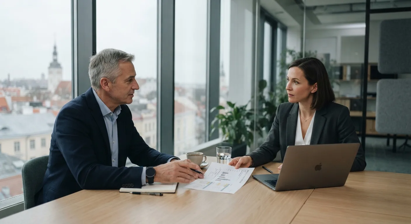An IT consultant and a company manager discussing a plan in an office