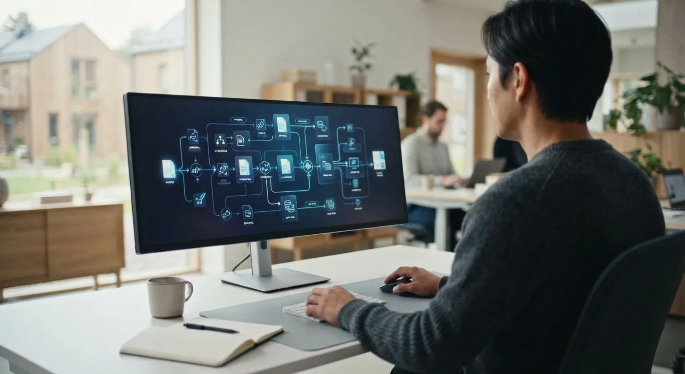 Employee viewing an automated process flow on a monitor