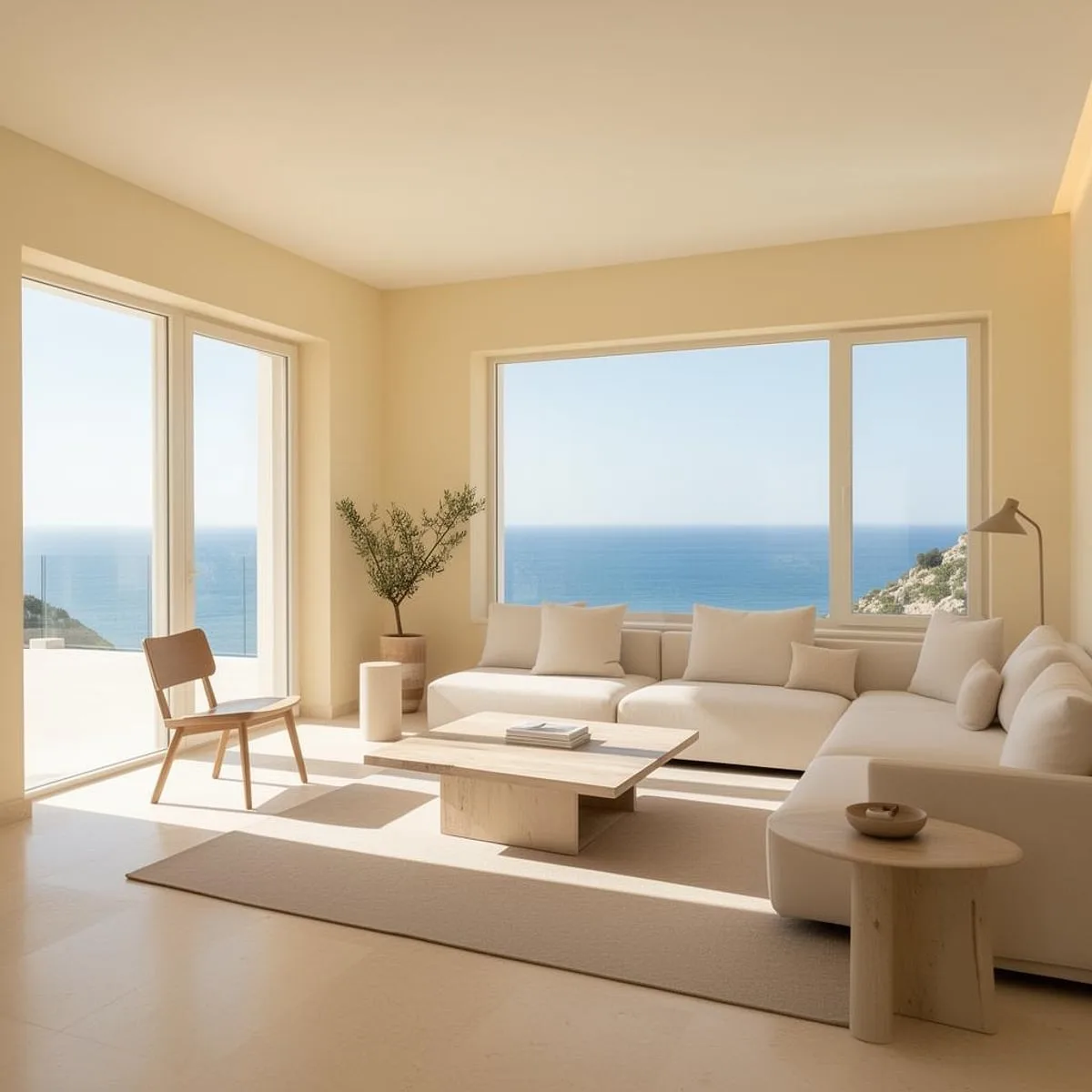 Modern interior living room with freshly painted walls and large ocean-view window