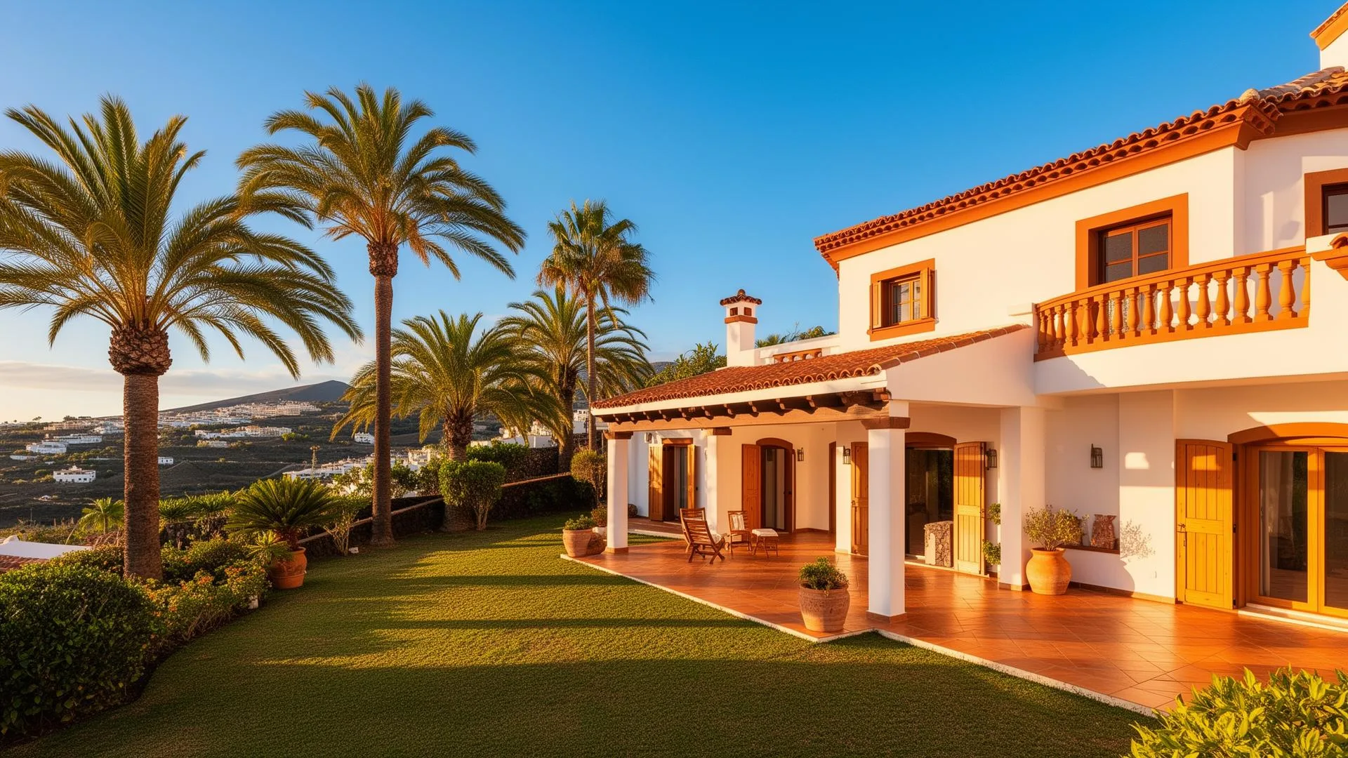 Freshly painted white villa with palm trees overlooking the ocean, Tenerife