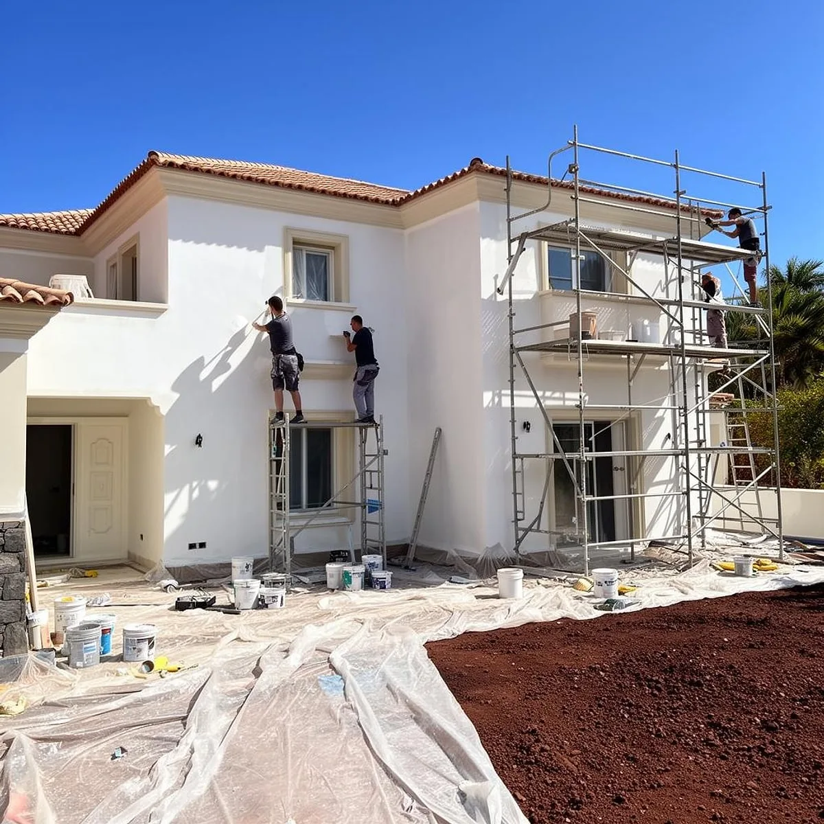 Skilled painters applying weather-resistant coatings to a white villa exterior with scaffolding