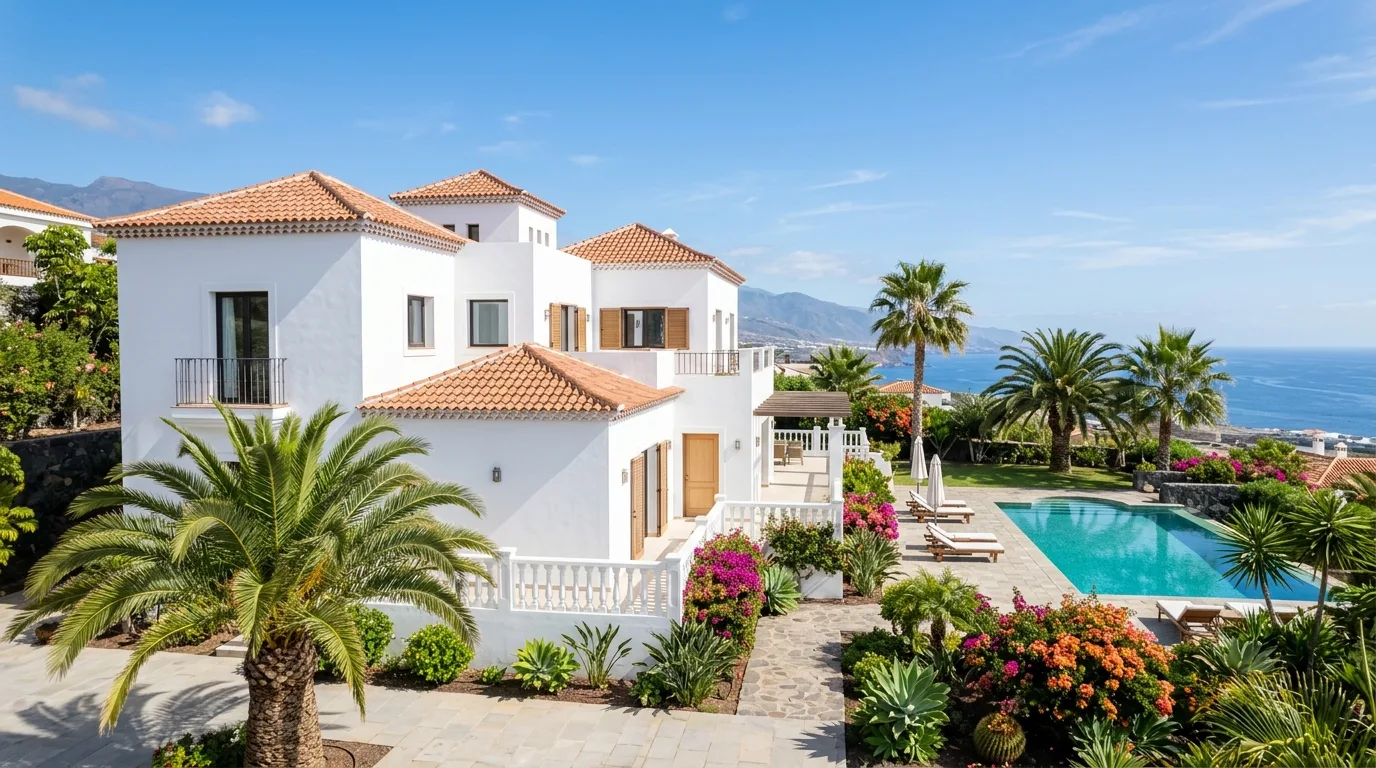 Freshly painted luxury white villa exterior with terracotta roof and pool, Tenerife
