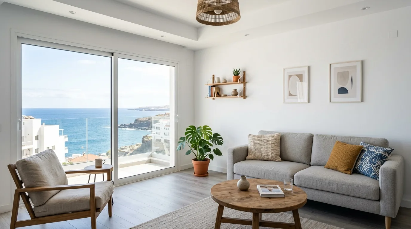 Bright freshly painted living room with grey sofa and sea-view window