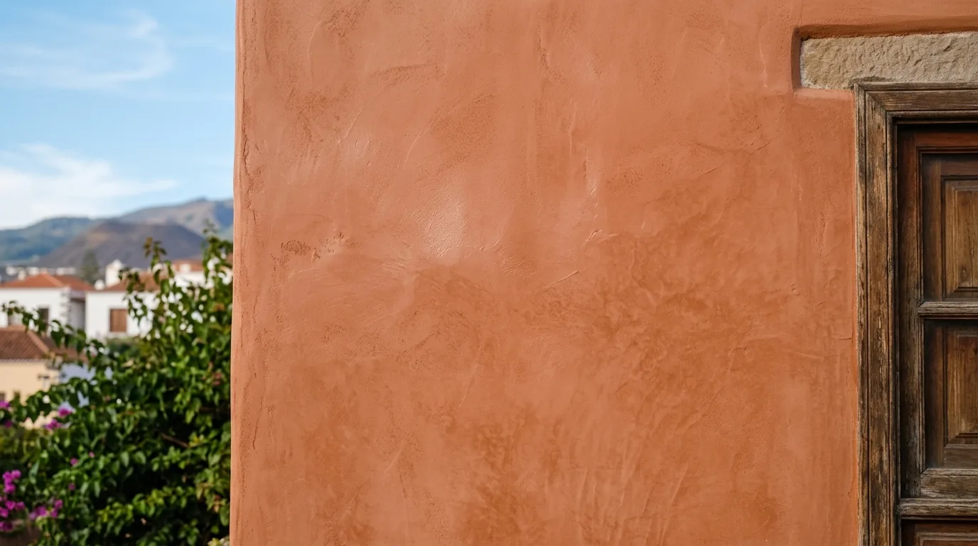 Close-up of exterior wall finished with matte Marmorino stucco plaster in warm terracotta tone