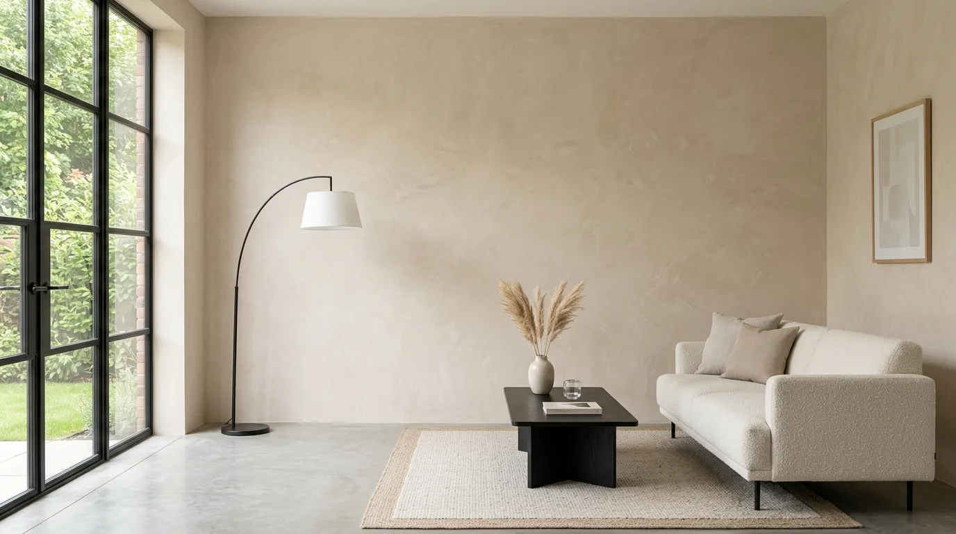 Living room wall finished with matte Marmorino Venetian plaster in warm beige tone
