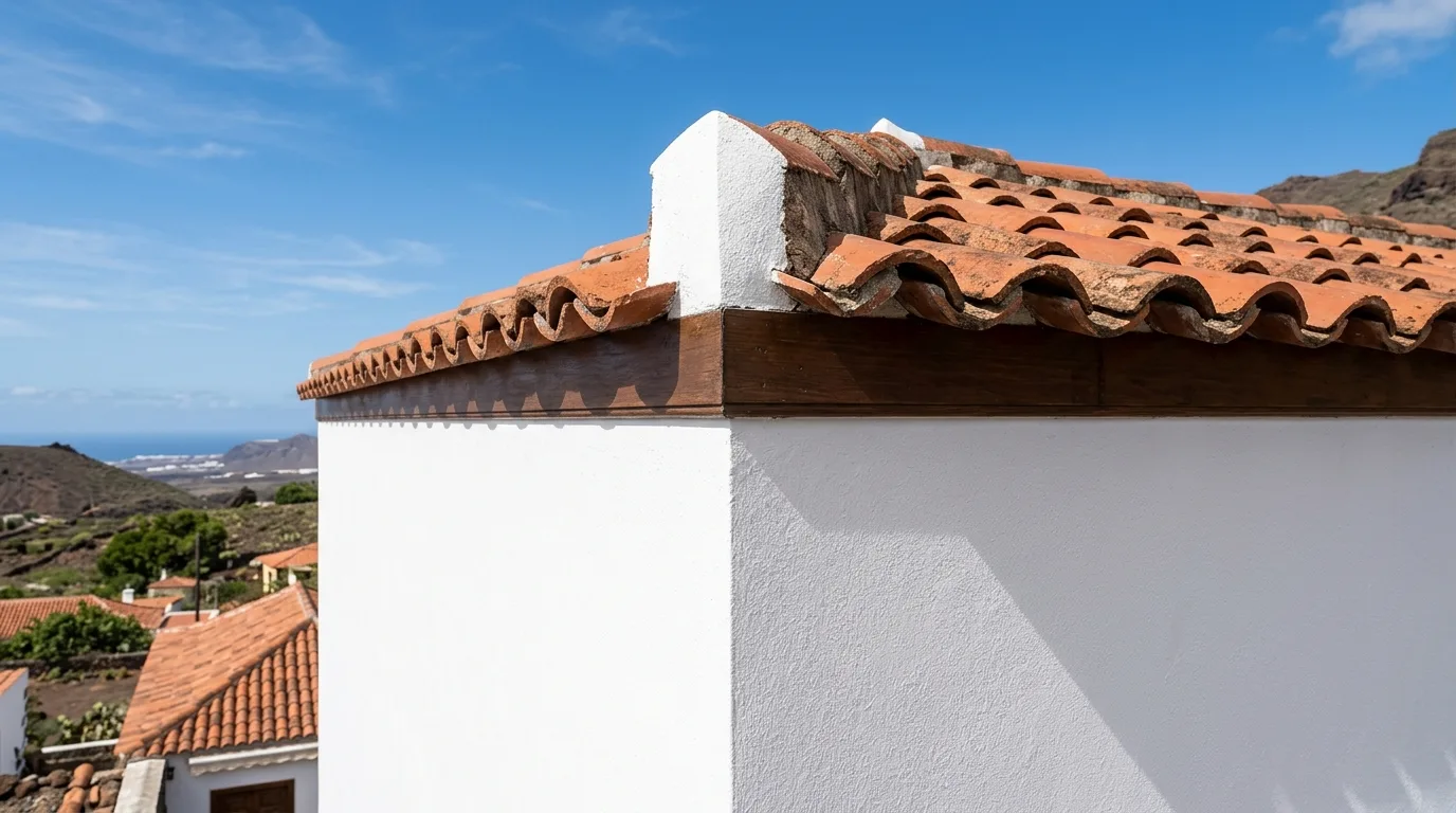 Close-up detail of crisp white exterior facade paintwork with sharp masking lines against a terracotta roof edge, Tenerife