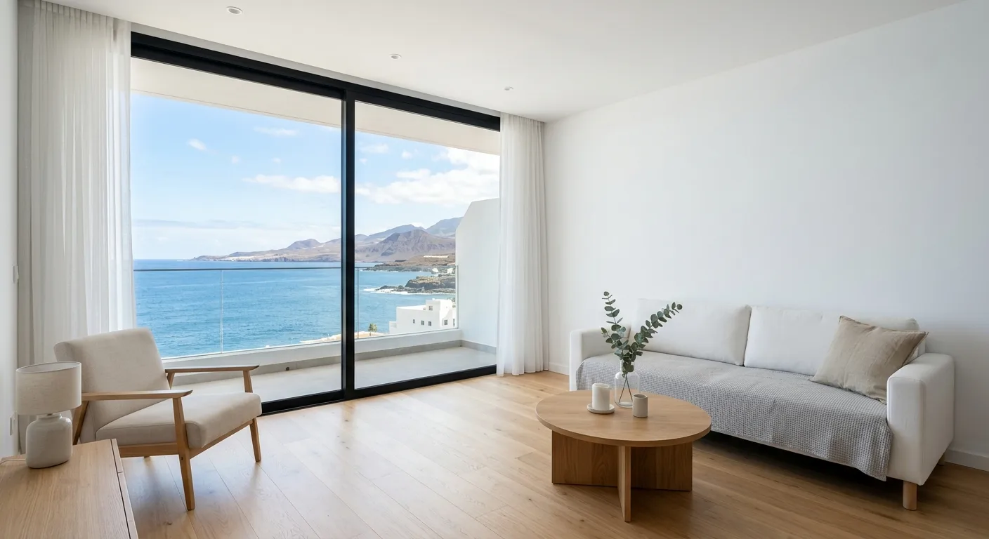 Bright, freshly painted apartment living room with modern furniture and ocean-view window, Tenerife