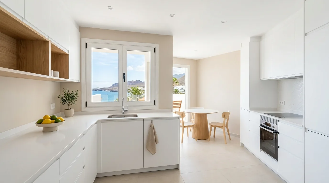 Freshly painted modern kitchen with white and beige walls, bright natural light, Tenerife