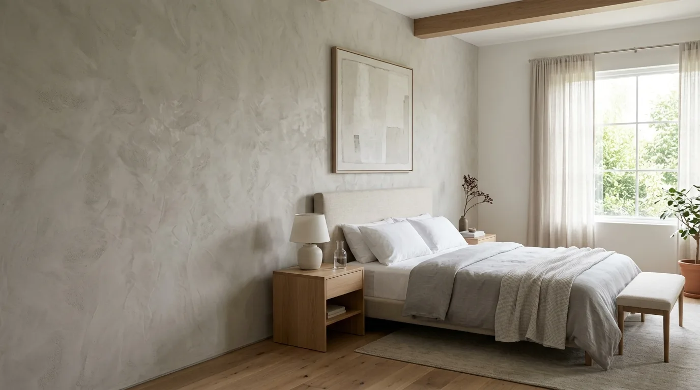 Bedroom wall finished with matte Marmorino Venetian plaster in warm grey tone