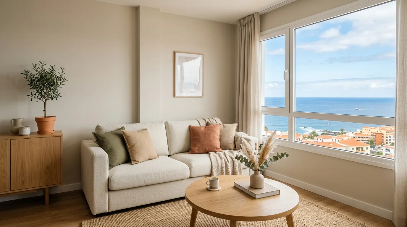 Bright, freshly painted apartment living room with neutral tones and cozy sofa near an ocean-view window, Puerto de la Cruz, Tenerife