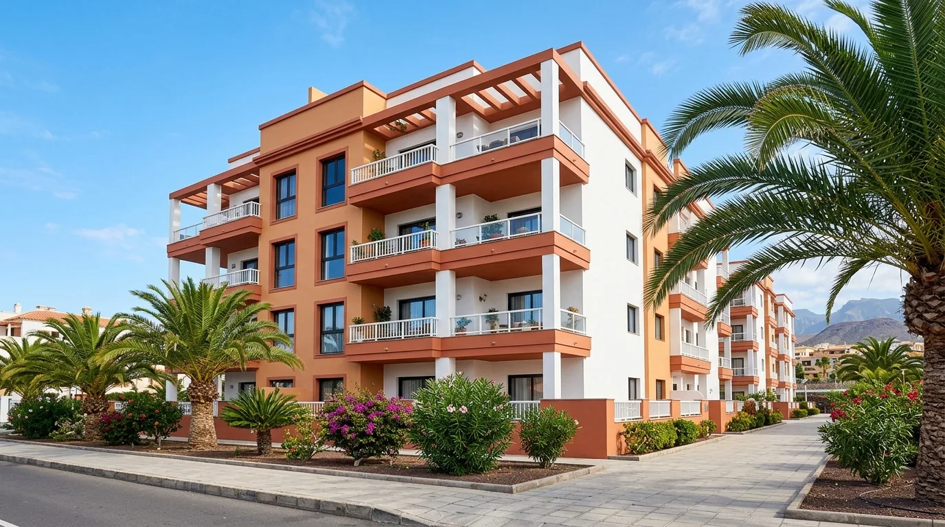 Freshly painted residential building exterior in warm terracotta and white tones, Tenerife