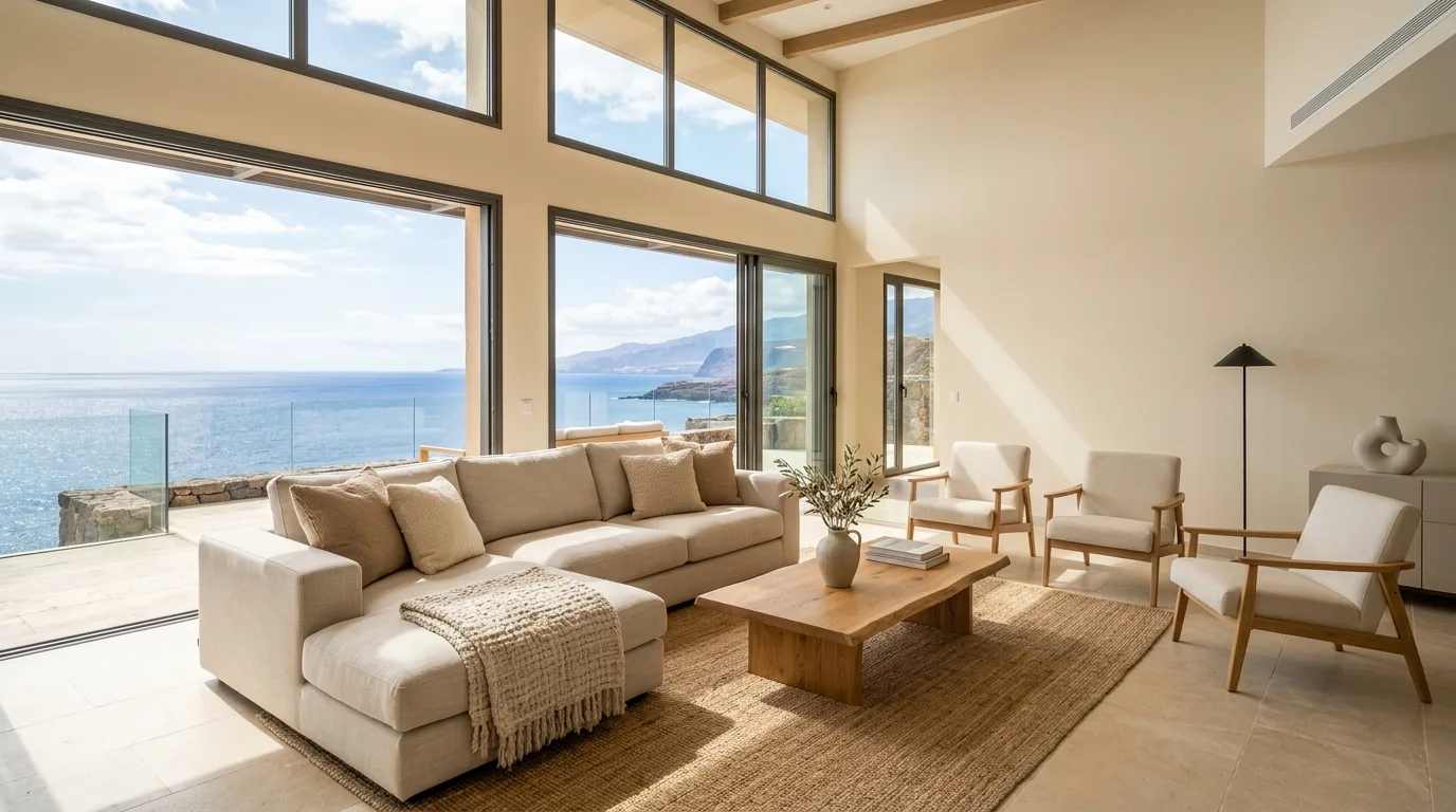 Freshly painted bright villa living room interior with sea view, Tenerife