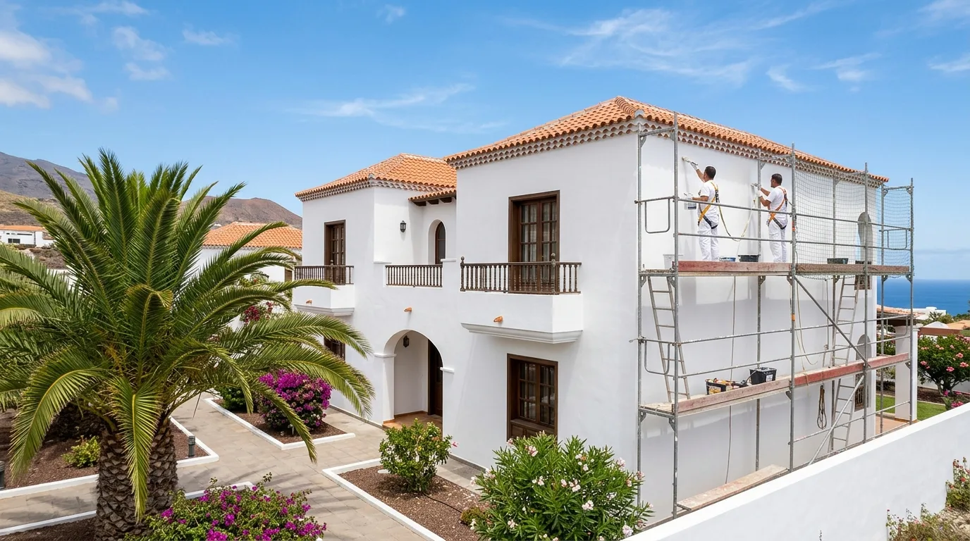Freshly painted Mediterranean-style residential building facade in crisp white with scaffolding, Tenerife