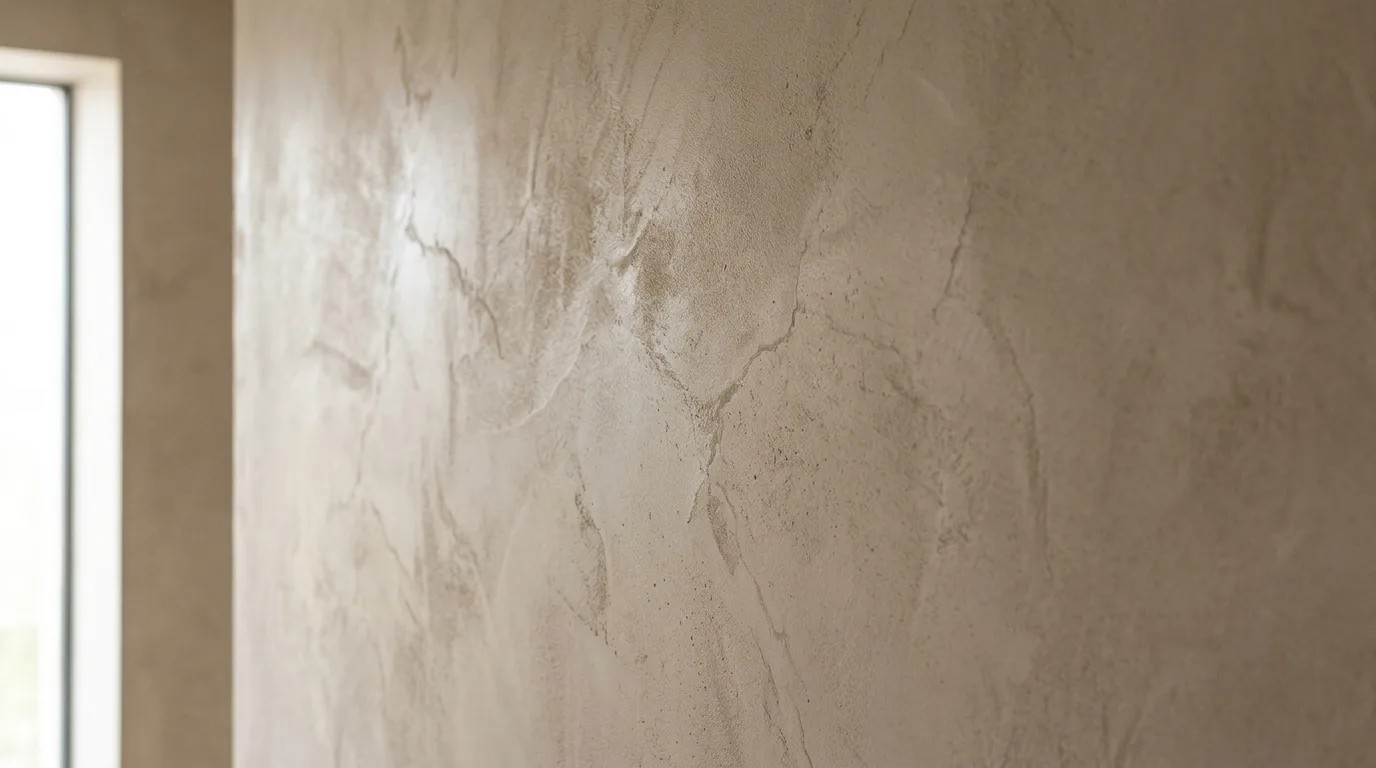 Close-up of matte Marmorino stucco plaster wall finish with smooth trowelled texture