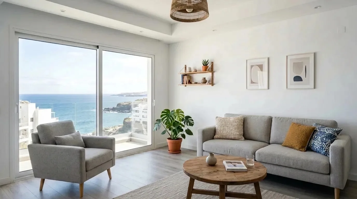 Bright freshly painted living room with grey sofa, matching armchair, and sea-view window