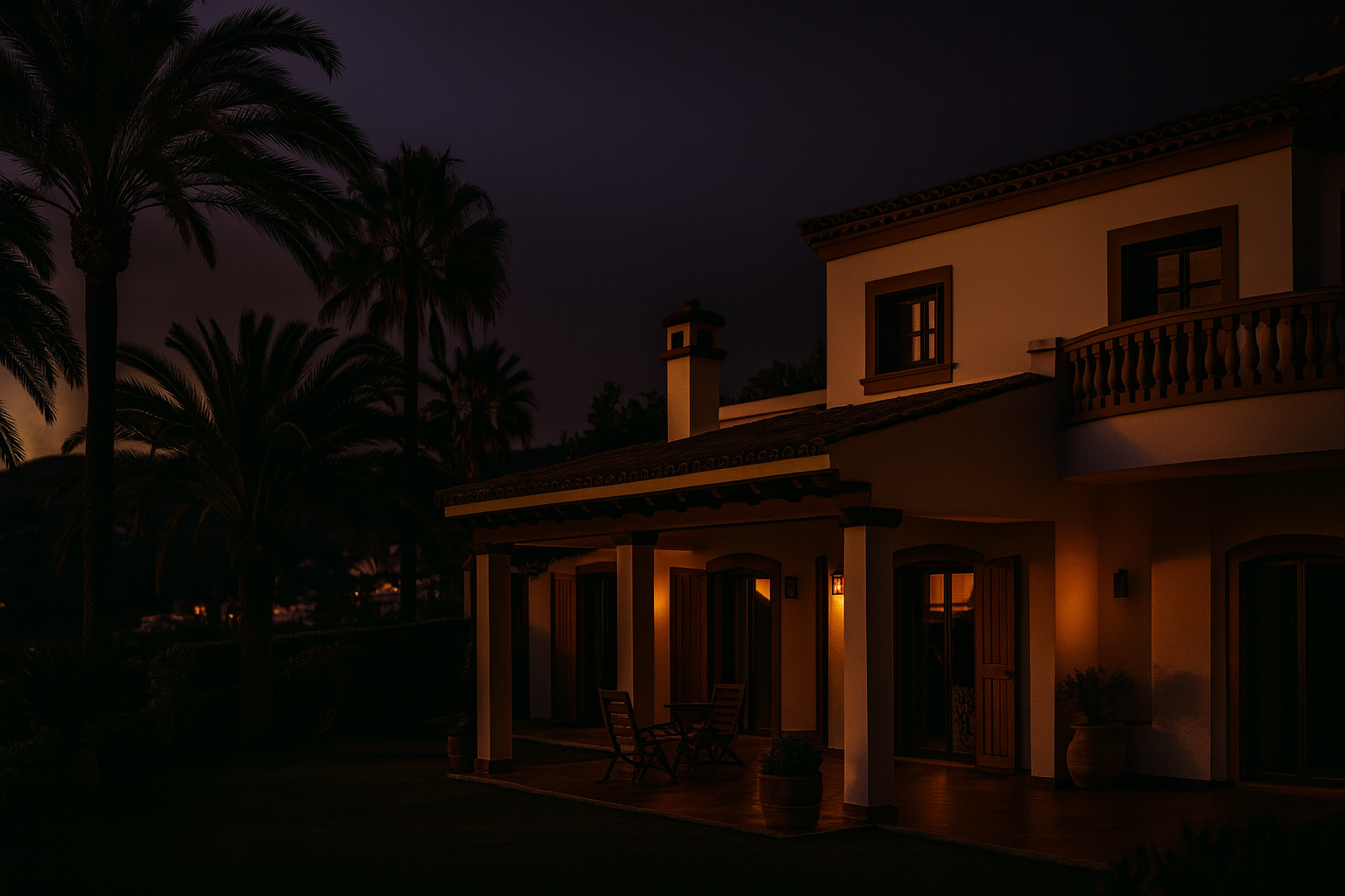 Freshly painted Canarian villa with warm ochre walls bathed in Mediterranean evening light