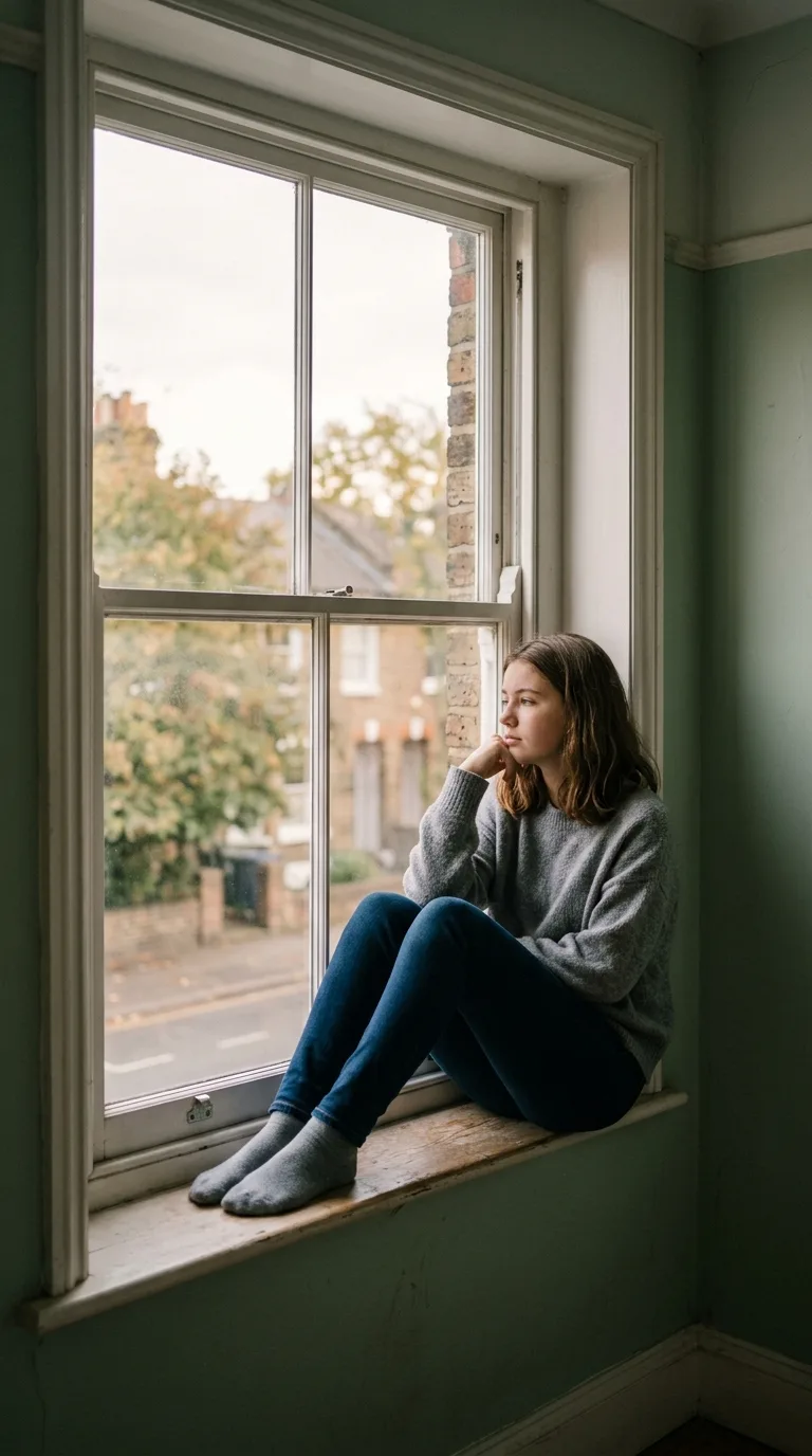 Teenage girl sitting quietly by a window, reflecting on her thoughts