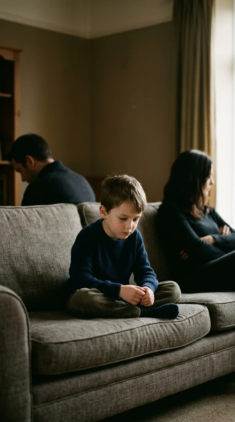 Child sitting thoughtfully between two parents, representing a child feeling caught in the middle of parental conflict