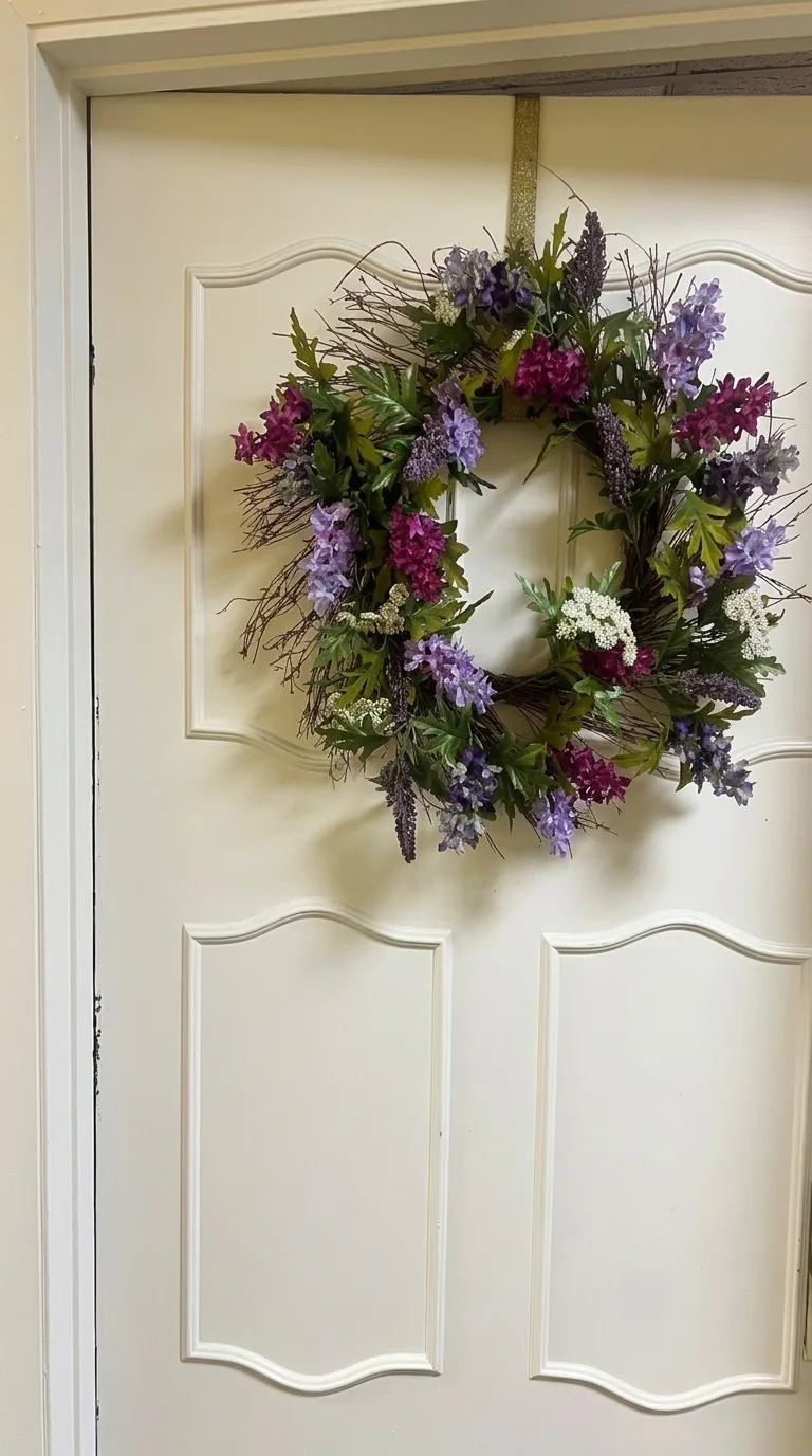 Colorful floral wreath hanging on the front door of Cynthia Benedict's Longwood counseling office