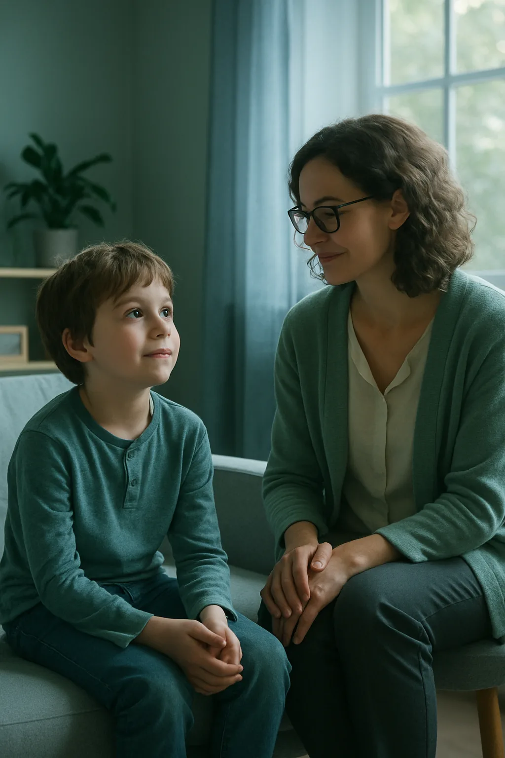 A child sitting with a compassionate counselor, illustrating childhood depression counseling in Longwood FL