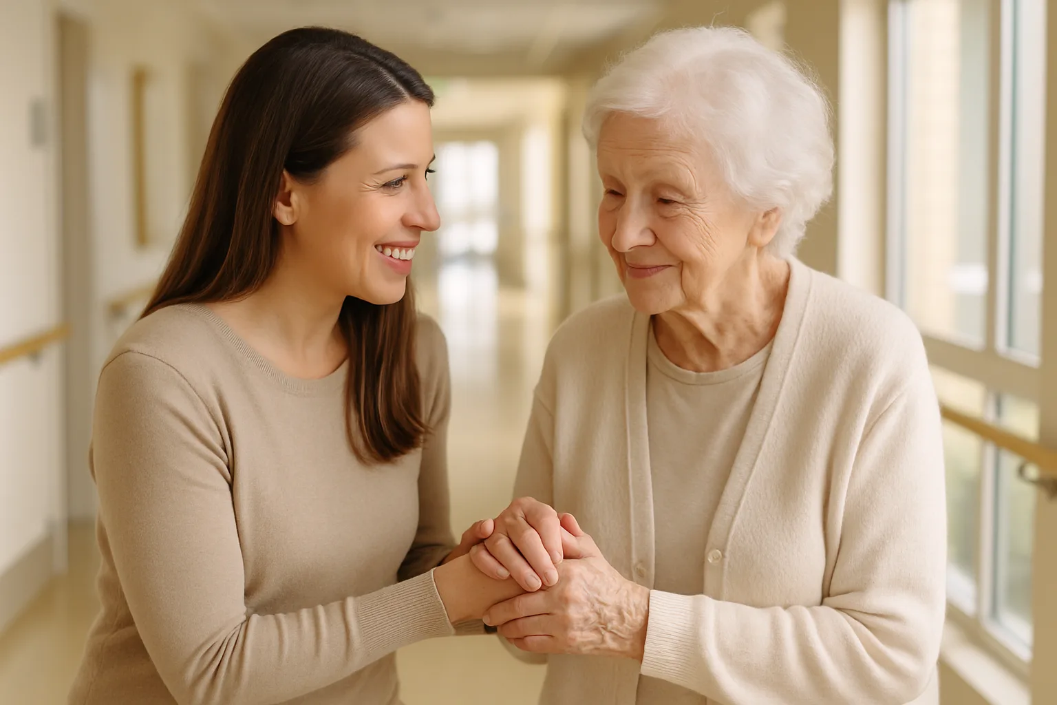 Adult daughter holding her elderly mother's hand, illustrating senior safety concerns and family counseling in Longwood FL