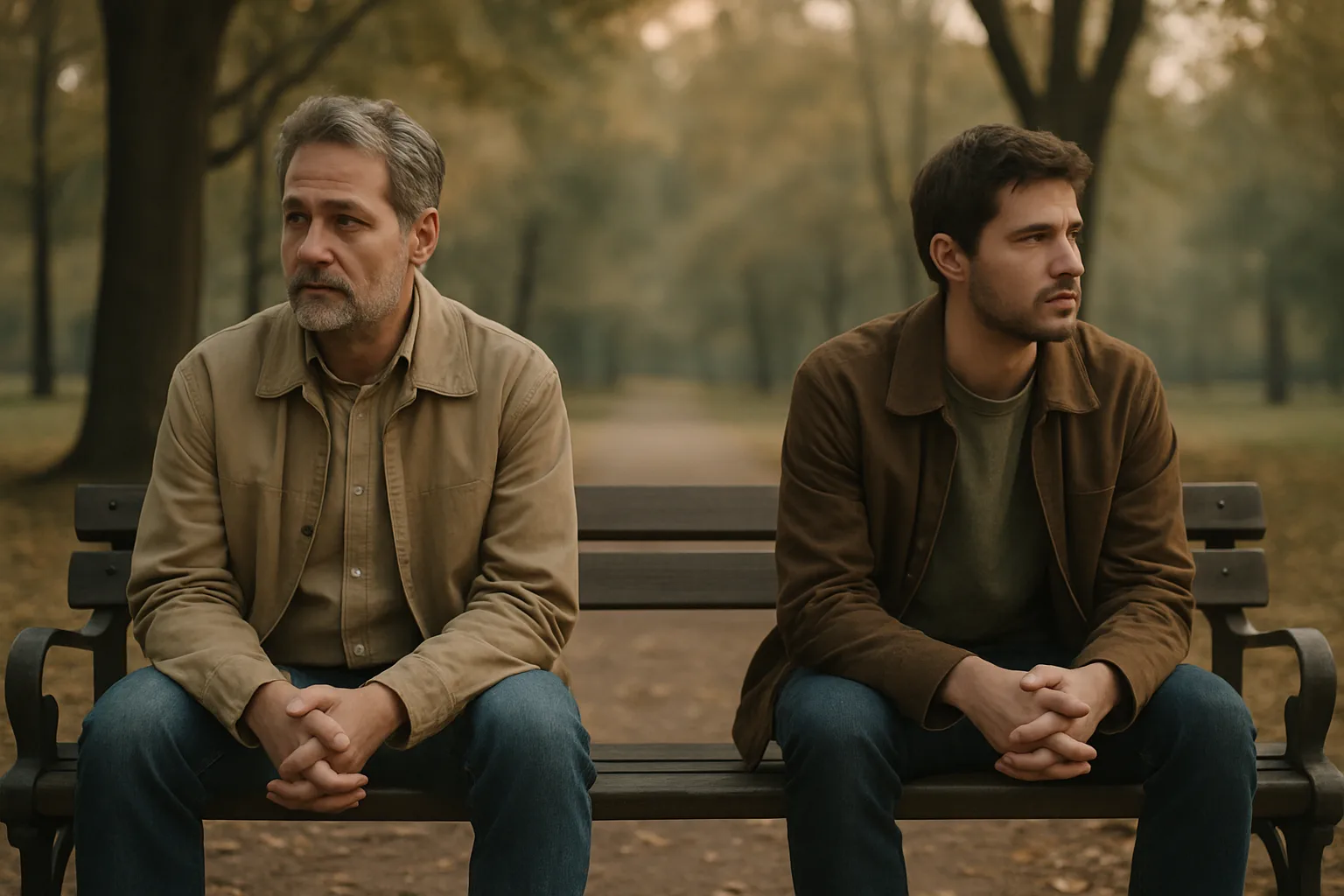 Parent and adult child sitting apart on a park bench, illustrating child and parent estrangement counseling in Longwood FL