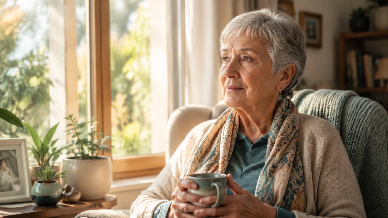 Older woman reflecting peacefully by a sunlit window, representing grief counseling for seniors in Longwood, Florida.