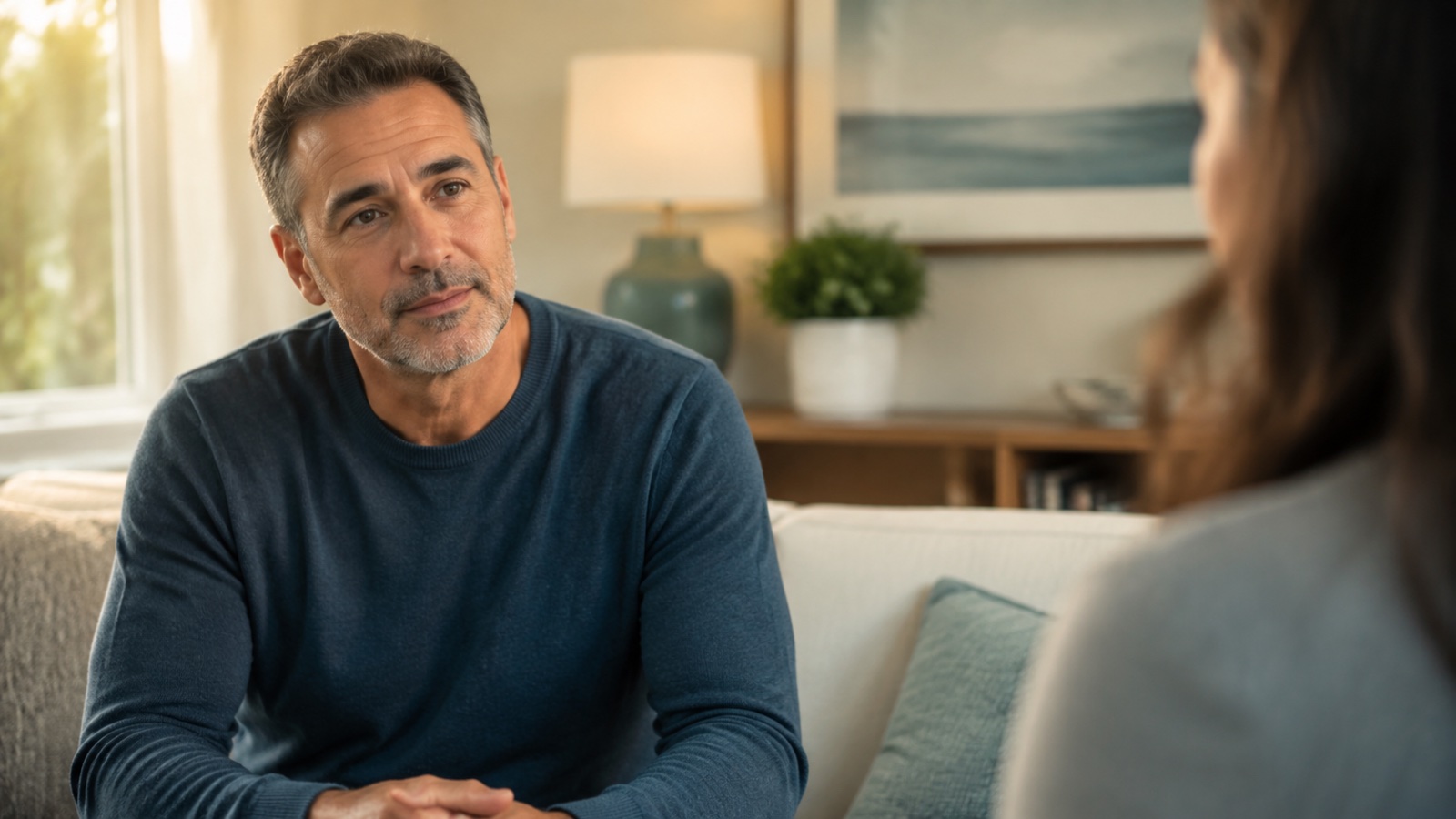 Adult pausing thoughtfully during a calm conversation, representing anger management counseling in Longwood, Florida.