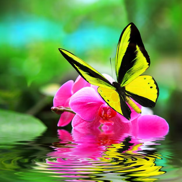 Yellow butterfly resting on pink orchids, symbolizing transformation and growth through life coaching in Longwood FL